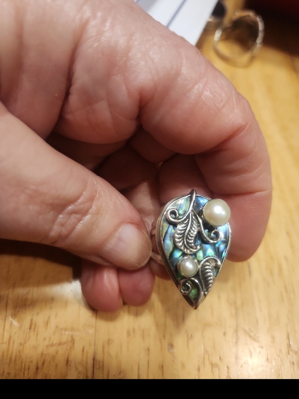 Sterling Silver Abalone and Pearl Teardrop Ring Size 10